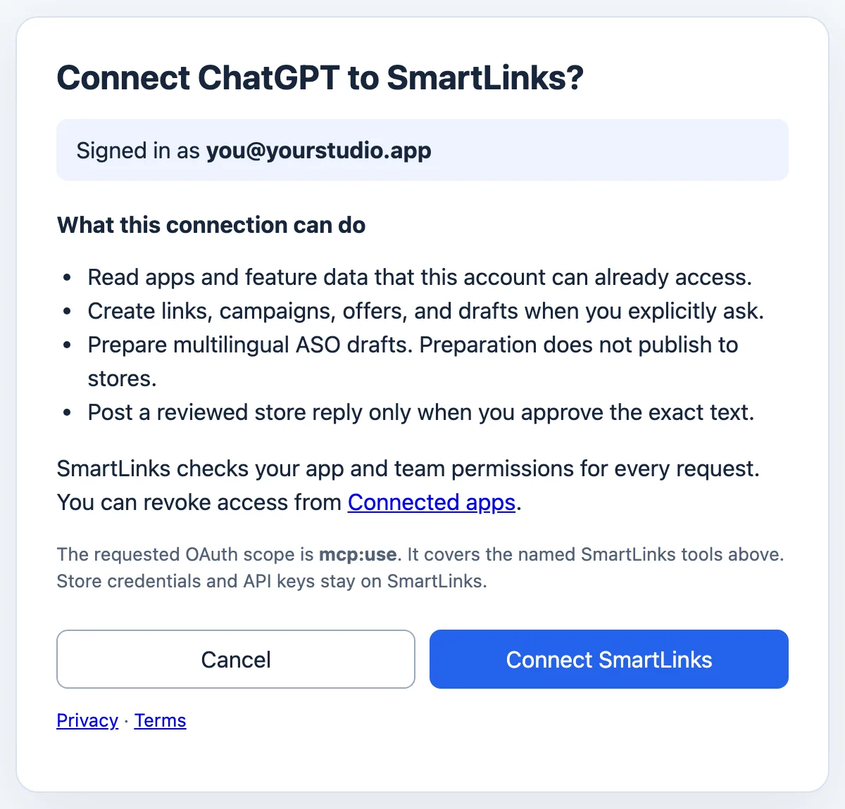 SmartLinks OAuth consent screen asking to connect ChatGPT, listing what the connection can do